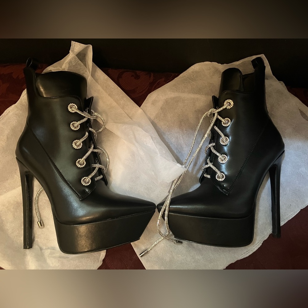 New Azalea Wang platform stiletto booties w rhinestone dripping laces-6